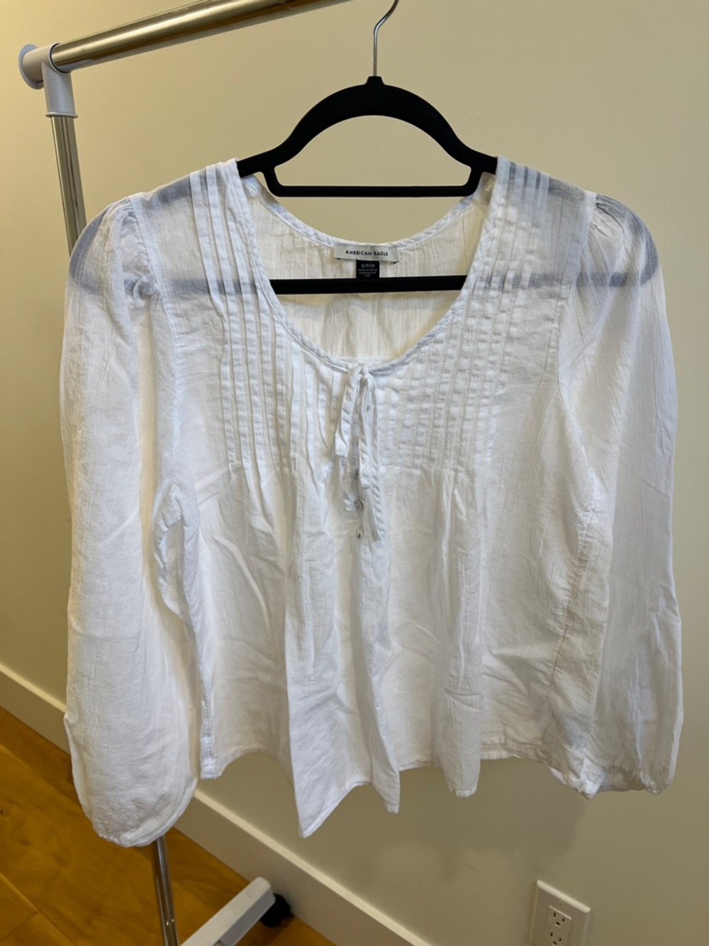 American Eagle Outfitters White Pintuck Tie-Front Peasant Top